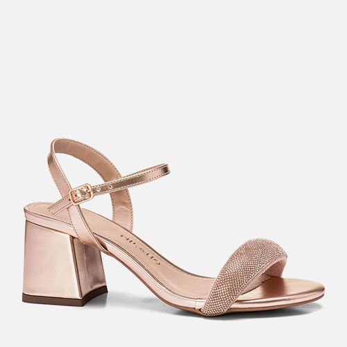 Sandália Salto Médio Bloco Trapézio Metalizada Tira Puffer Acolchoada Brilho Manta de Strass Feminino Milano Cobre 14014