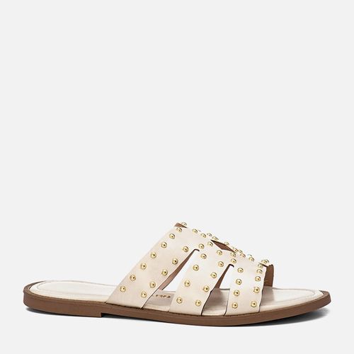 Sandália Rasteira Aberta Corte à Laser Geométrico e Aplicações em Tachas de Metal tipo Rebite Dourado Feminino Milano Off White 14085
