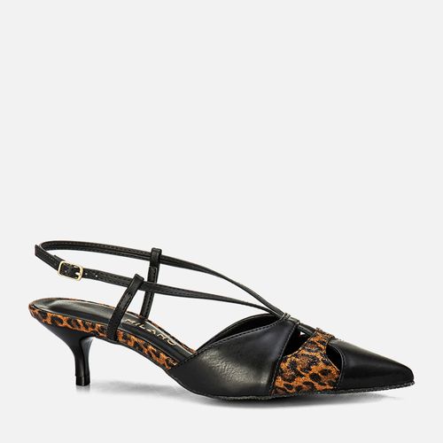 Scarpin Slingback Aberto Salto Médio Taça Bico Fino Cabedal Recorte Mix Animal Print Brilho Glitter Feminino Milano Preto 14092