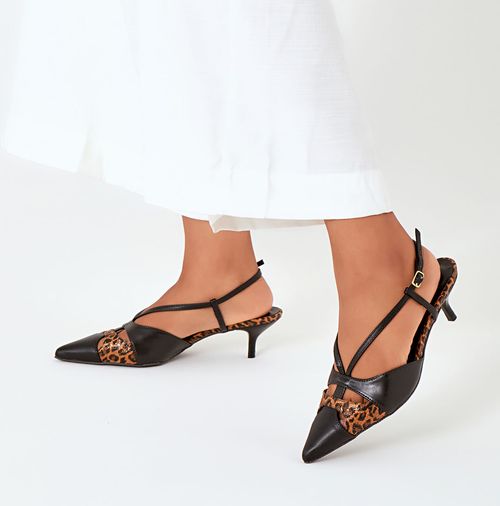 Scarpin Slingback Aberto Salto Médio Taça Bico Fino Cabedal Recorte Mix Animal Print Brilho Glitter Feminino Milano Preto 14092