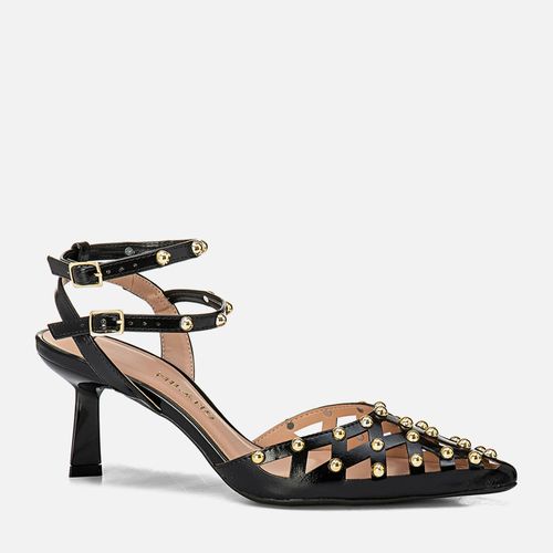 Scarpin Aberto Salto Taça Bico Fino Cabedal Recorte à Laser Metais Tachas Boho Meia Esfera Dourada Feminino Milano Preto 14093