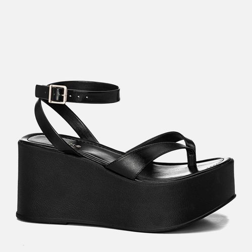 Sandália Plataforma Anabela Papete de Dedo com Tiras tipo Chinelo Sola Alta Flatform  Feminino Milano Preto 14106