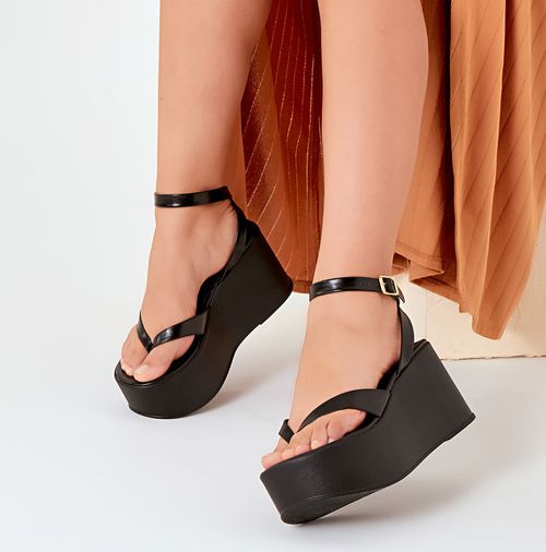 Sandália Plataforma Anabela Papete de Dedo com Tiras tipo Chinelo Sola Alta Flatform  Feminino Milano Preto 14106