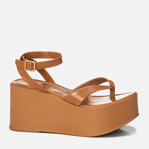 Sandália Plataforma Anabela Papete de Dedo com Tiras tipo Chinelo Sola Alta Flatform  Feminino Milano Caramelo 14106