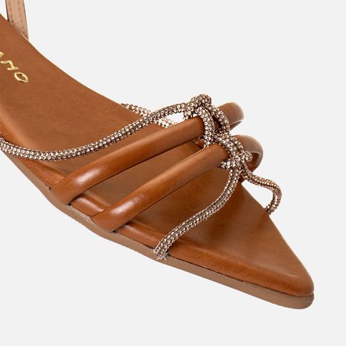 Sandália de Salto Baixo Bloco Fechada Bico Fino Folha Tiras Mix Cordão de Strass com Brilho e Estruturadas Cruzadas Feminino Milano Caramelo 14151