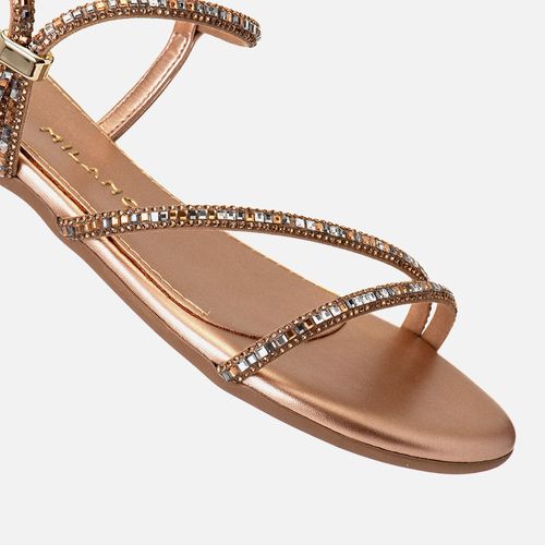 Sandália Rasteira com Brilho Mix de Pedrarias e Strass Feminino Milano Cobre 13265