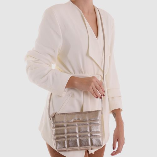 Bolsa Tiracolo Feita em Couro Legítimo Pequena Mini Bag Alça Transversal Couro Matelassê Retangulo Feminina Milano Prata Velho 14060