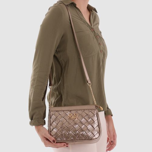 Bolsa Tiracolo Alça Transversal Corrente Feita em Couro Trançado Tramado Tressê Feito à Mão Metal M Feminina Milano Preto 14047