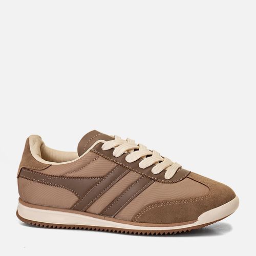 Tênis Casual Visual Esportivo Retrô com Sola Média Bicolor Dentada, Cabedal em Recortes e Mix de Materiais Feminino Milano Taupe 14140