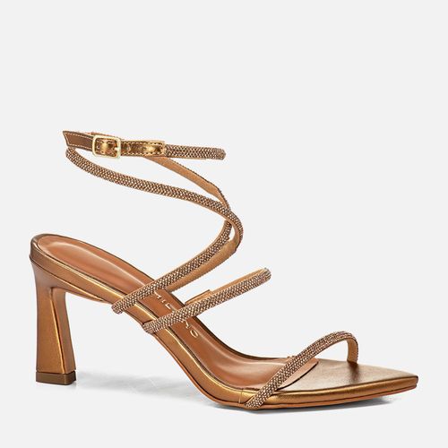 Sandália Salto Alto Fino Geométrico Triangular Bico Folha Tiras Finas Cruzadas Bilho Manta de Strass Minimalista Feminino Milano Bronze 14015