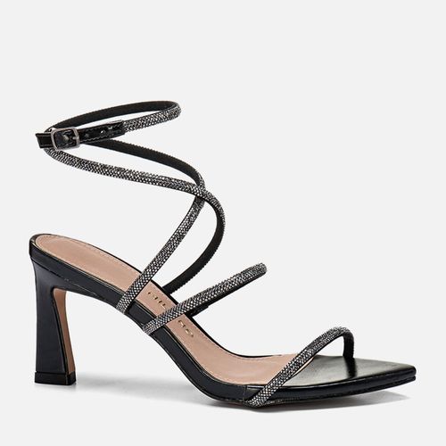 Sandália Salto Alto Fino Geométrico Triangular Bico Folha Tiras Finas Cruzadas Bilho Manta de Strass Minimalista Feminino Milano Preto 14015