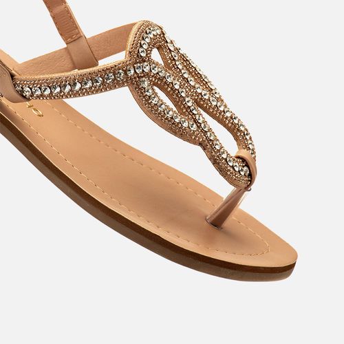 Sandália Rasteira Fechada Tiras Finas Brilho em Mix de Pedrarias com Recortes Estilo Boho e Palmilha Laqueada Bicolor Feminino Milano Nude 14193