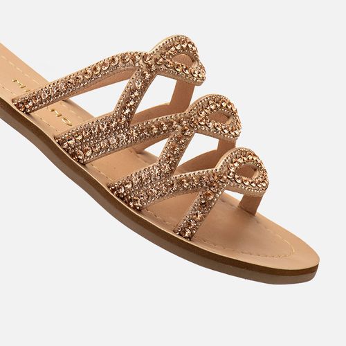 Sandália Rasteira Aberta Brilho em Mix de Pedrarias com Recorte à Laser Estilo Boho e Palmilha Laqueada Bicolor Feminino Milano Nude 14194