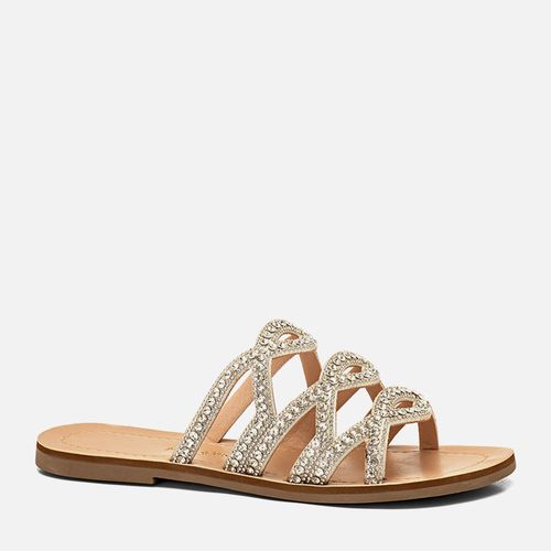 Sandália Rasteira Aberta Brilho em Mix de Pedrarias com Recorte à Laser Estilo Boho e Palmilha Laqueada Bicolor Feminino Milano Cristal 14194
