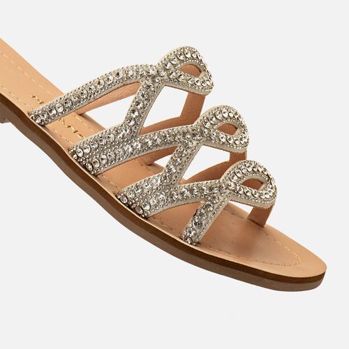 Sandália Rasteira Aberta Brilho em Mix de Pedrarias com Recorte à Laser Estilo Boho e Palmilha Laqueada Bicolor Feminino Milano Cristal 14194