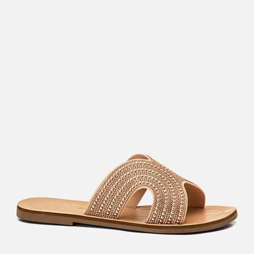 Sandália Rasteira Aberta Tira Slide Brilho em Mix de Pedrarias Recorte à Laser em H Estilo Boho Palmilha Laqueada Feminino Milano Nude 14195