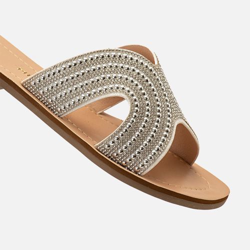 Sandália Rasteira Aberta Tira Slide Brilho em Mix de Pedrarias Recorte à Laser em H Estilo Boho Palmilha Laqueada Feminino Milano Cristal 14195
