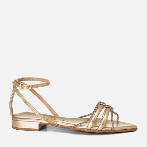 Sandália de Salto Baixo Bloco Fechada Bico Fino Folha Tiras Mix Cordão de Strass com Brilho e Estruturadas Cruzadas Feminino Milano Ouro 14151