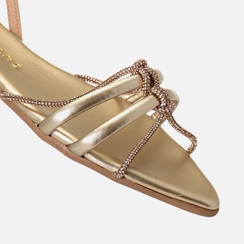 Sandália de Salto Baixo Bloco Fechada Bico Fino Folha Tiras Mix Cordão de Strass com Brilho e Estruturadas Cruzadas Feminino Milano Ouro 14151