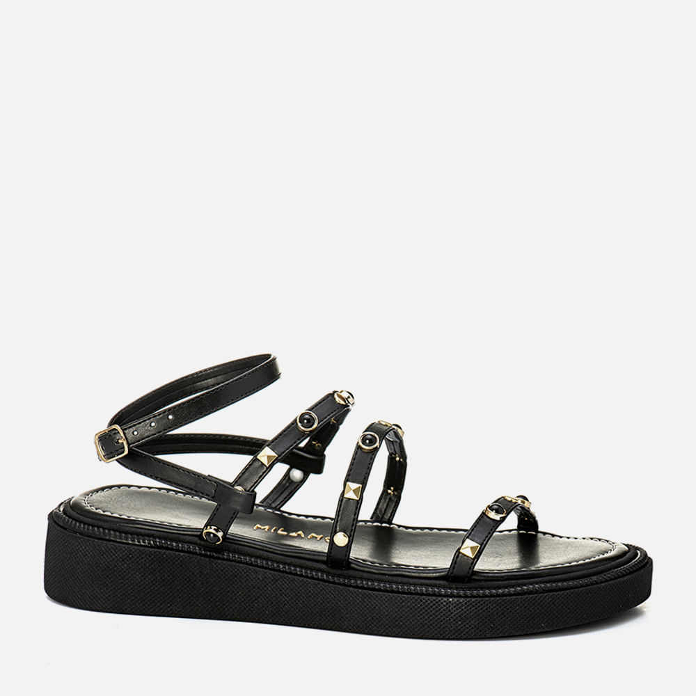 Sandália Papete Sola Alta Estilo Boho Metal de Tachas ou Studs tipo Spike de Pirâmide e Pedrarias Resina Feminino Milano Preto 14079 33
