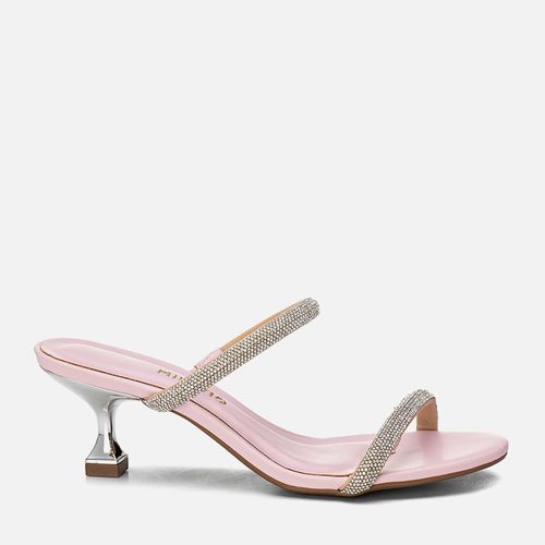 Sandália Festa Tamanco Salto Médio Taça Metalizado Tiras Estruturadas Brilho Manta de Strass Calce Prático Elástico Feminino Milano Rosa 13970