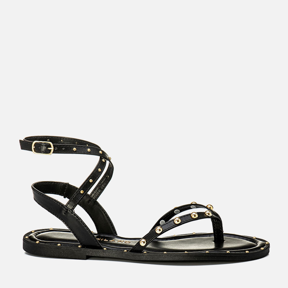 Sandália Rasteira Chinelo de DedoBoho Metal de Tachas ou Studs tipo Rebites e Tira Cruzada no Tornozelo Feminino Milano Preto 14124 33