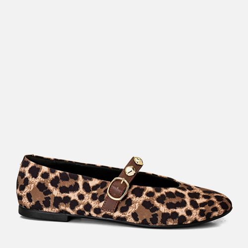 Sapatilha Rasteira Animal Print Bico Redondo Tira Mary Jane ou Boneca com Aplicação em Peça Orgânica Metalizada Dourada Feminino Milano Onça 14158