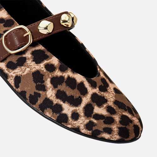 Sapatilha Rasteira Animal Print Bico Redondo Tira Mary Jane ou Boneca com Aplicação em Peça Orgânica Metalizada Dourada Feminino Milano Onça 14158