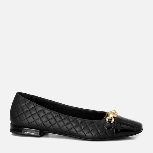 Sapatilha Salto Baixo Bico Quadrado com Acabamento Especial Matelassê e Detalhe em Corrente Dourada  Feminino Milano Preto 14153