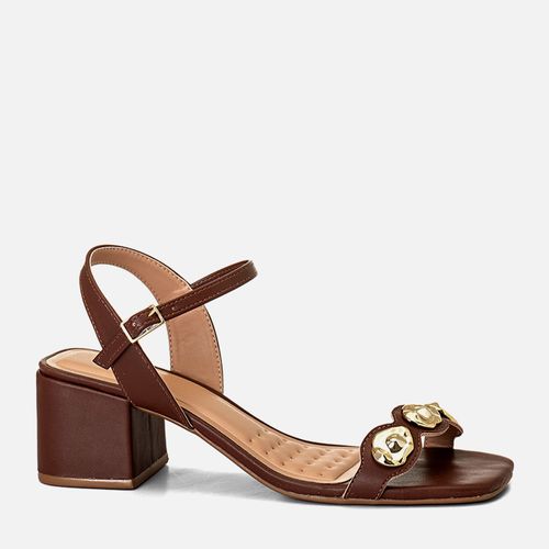 Sandália Salto Bloco Médio Palmilha Quadrado e Tira em Recorte Laser Aplicações Boho Peça Orgânica Metalizada Cromada  Feminino Milano Marrom 14152