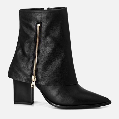 Bota Feita em Couro Cano Médio Capa Zíper Salto Bloco Bico Fino Feminino Milano Preto 13588