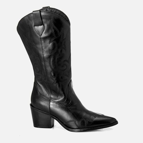 Bota Western Feita em Couro Cano Médio Salto Bloco Médio Bico Fino Bordado Zíper Interno Milano Preto 14167