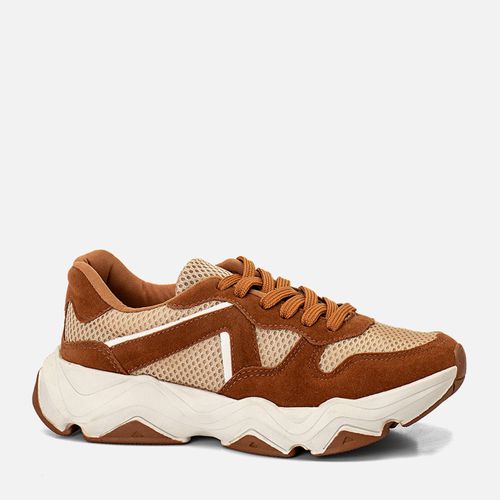 Tênis Casual Visual Esportivo Daddy Sneaker ou Chuncky Sola Ultra Alta Bicolor Recortes e Mix de Materiais com Amarração  Milano Caramelo 14182