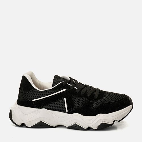 Tênis Casual Visual Esportivo Daddy Sneaker ou Chuncky Sola Ultra Alta Bicolor Recortes e Mix de Materiais com Amarração  Feminino Milano Preto 14182