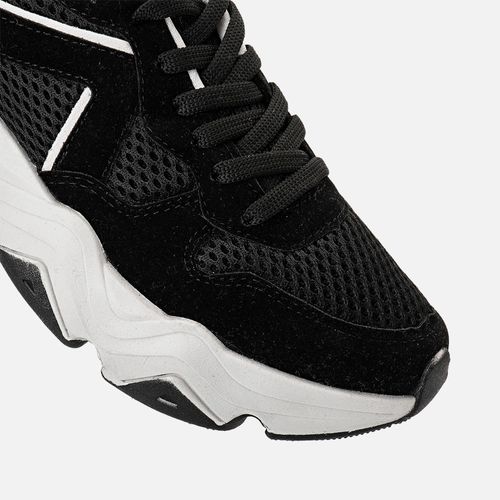 Tênis Casual Visual Esportivo Daddy Sneaker ou Chuncky Sola Ultra Alta Bicolor Recortes e Mix de Materiais com Amarração  Feminino Milano Preto 14182