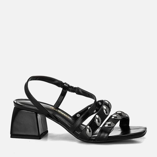 Sandália de Salto Médio Bloco Geométrico Tiras Aplicação de Peça Metalizada com Formato Orgânico Feminino Milano Preto 14171