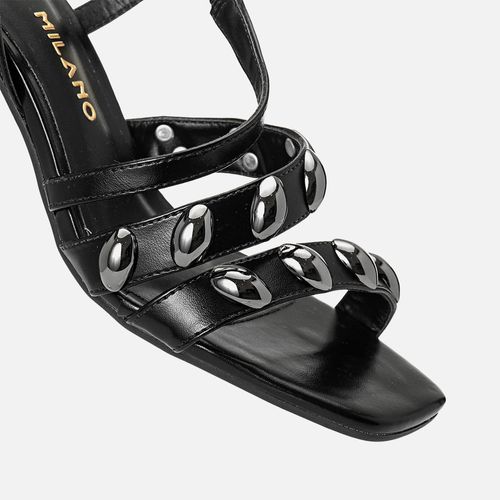 Sandália de Salto Médio Bloco Geométrico Tiras Aplicação de Peça Metalizada com Formato Orgânico Feminino Milano Preto 14171