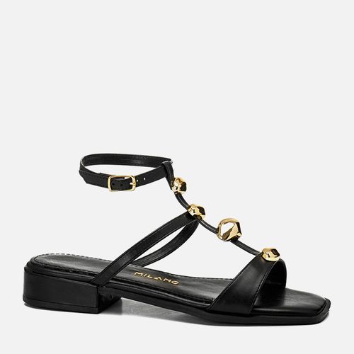 Sandália de Salto Bloco Baixo Tiras Cruzadas com Peça Orgânica Metalizada Multiformatos e Tamanhos Estilo Boho Feminino Milano Preto 14197