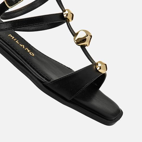 Sandália de Salto Bloco Baixo Tiras Cruzadas com Peça Orgânica Metalizada Multiformatos e Tamanhos Estilo Boho Feminino Milano Preto 14197