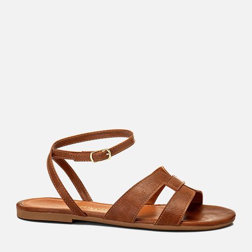 Sandália Rasteira Bico Redonda e Tira H em Recortes  Feminino Milano Caramelo 14201