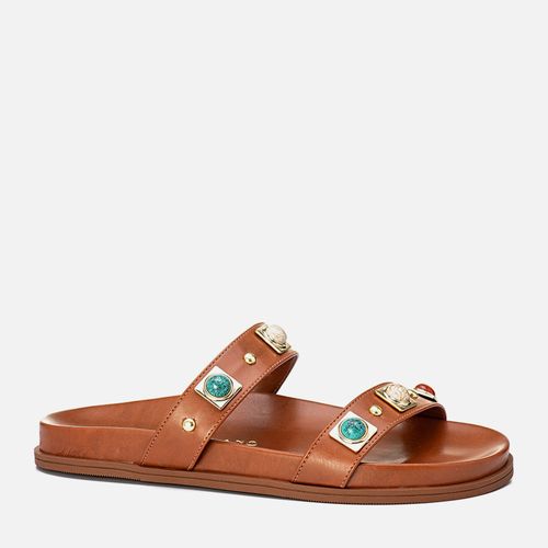 Sandália Papete Anatômica Estilo Boho Tiras Finas Brilho em Metais Rebite e Pedrarias Resina Multicolor Feminino Milano Marrom 14077