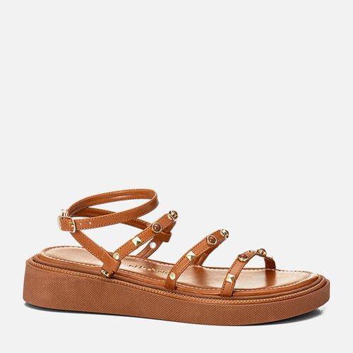 Sandália Papete Sola Alta Estilo Boho Metal de Tachas ou Studs tipo Spike de Pirâmide e Pedrarias Resina Feminino Milano Caramelo 14079