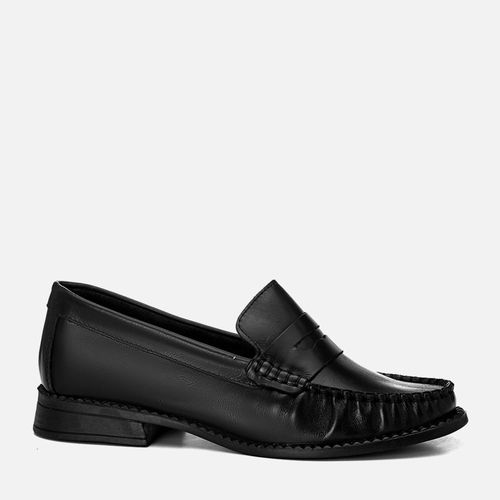 Mocassim Couro Legítimo Verniz Molhado Clássico com Costura Pesponto Aparente e Gravata Loafer Salto Baixo Vira Aparente Feminino Milano Preto 14098