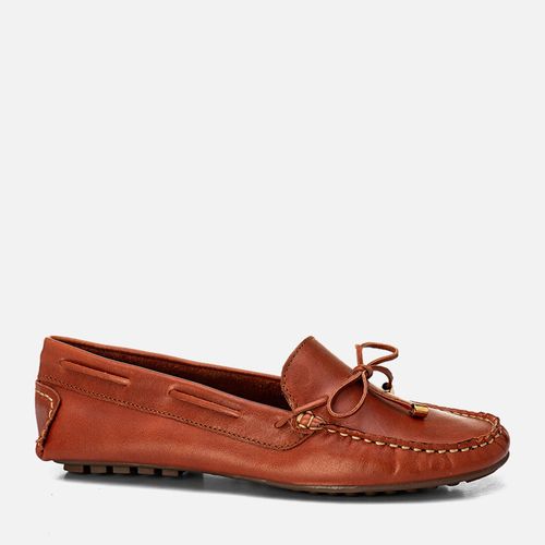 Mocassim Driver Couro Legítimo Clássico com Costura Pesponto Aparente e Tira Transpassada e Laço Solado com Travas Feminino Milano Caramelo 14099