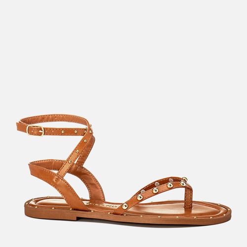 Sandália Rasteira Chinelo de DedoBoho Metal de Tachas ou Studs tipo Rebites e Tira Cruzada no Tornozelo Feminino Milano Caramelo 14124