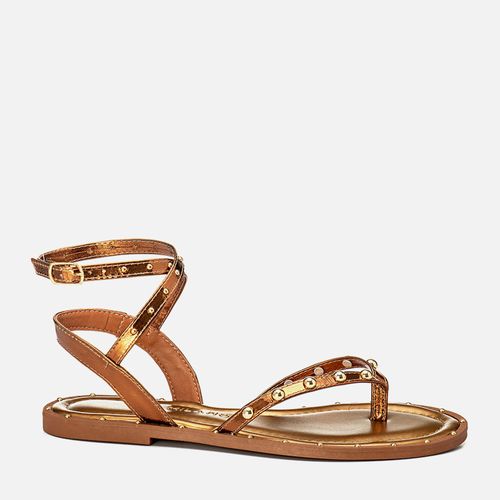 Sandália Rasteira Chinelo de DedoBoho Metal de Tachas ou Studs tipo Rebites e Tira Cruzada no Tornozelo Feminino Milano Bronze 14124