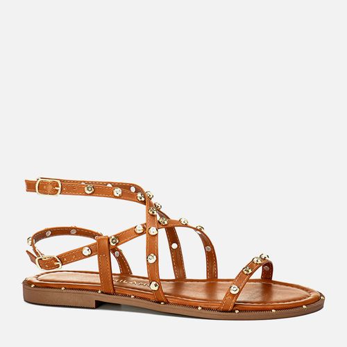 Sandália Rasteira Estilo Boho Tiras Cruzadas Brilho Mix de Pedrarias Cristal com Ponto de Strass Feminino Milano Caramelo 14127