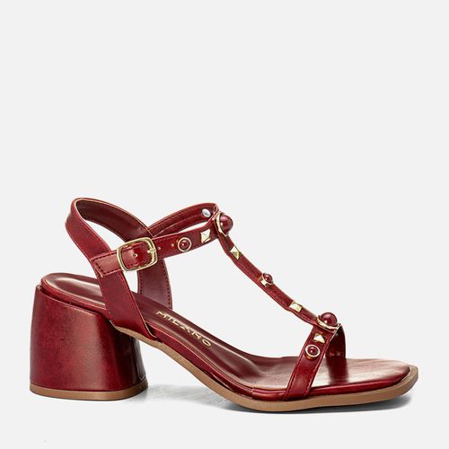 Sandália Salto Alto Bloco Geométrico Encaixado Bico QuadradoMetal Tachas Spike de Pirâmide e Pedrarias Estilo Boho Feminino Milano Marsala 14137