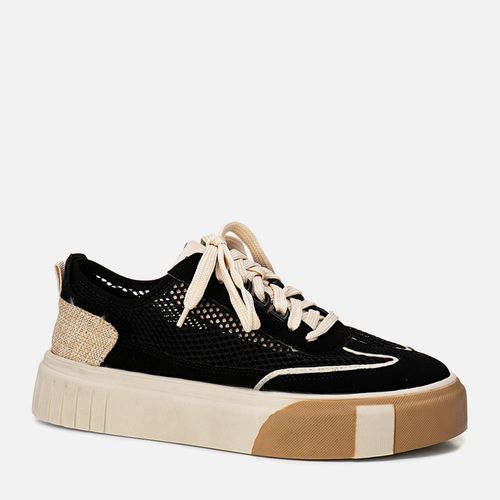 Tênis ou Sapatênis Esportivo Sola Alta Bicolor Mix Materiais e Texturas Malha MeshTransparência Tramado com Amarração Feminino Milano Preto 14121