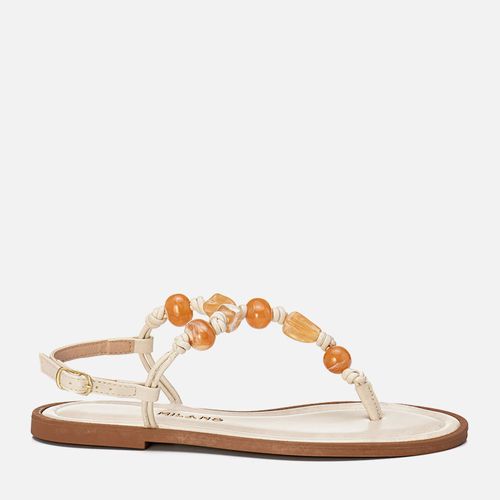 Sandália Rasteira Tipo Chinelo de Dedo em Estilo Boho com Mix de Pedrarias em Resina e Nozinhos Feminino Milano Off White 14125